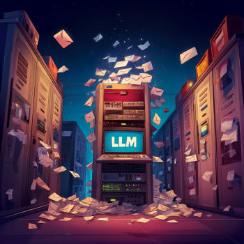 A glowing server rack with "LLM" displayed on its screen is surrounded by a whirlwind of flying envelopes and piles of envelopes at its base, all set between rows of other servers under a starry night sky.